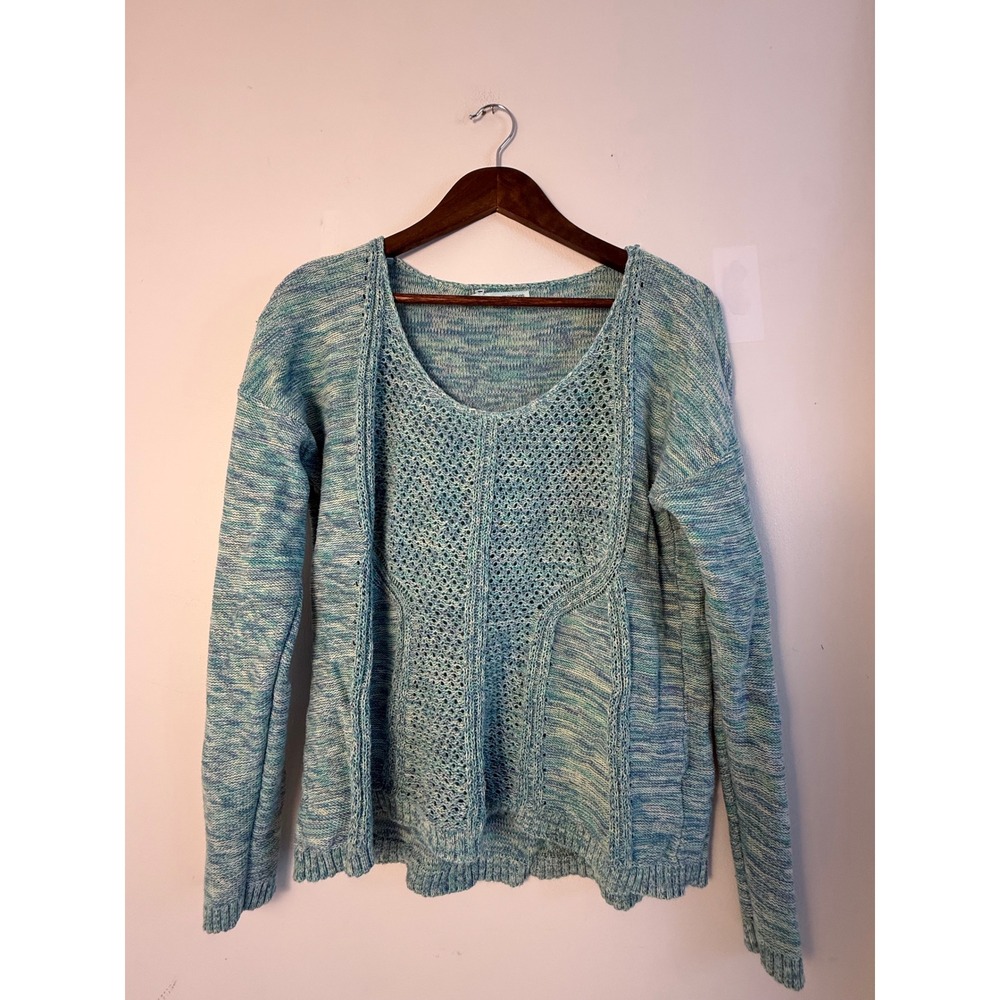 Maurices Women Blue Green Space Dye Cotton Pointelle Knit Sweater Large H0913